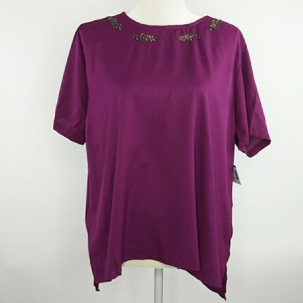 Plum Beaded Solid Simple Blouse NWT